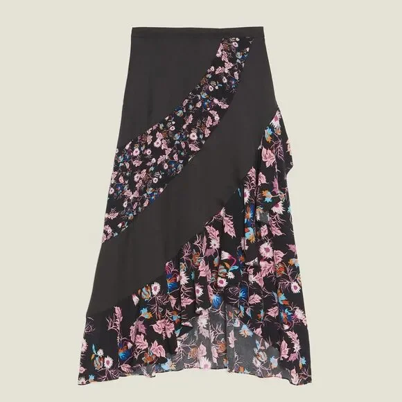 Sandro Paris Black Floral Asymmetrical Ruffle Skirt Size 1 Small Romantic Midi - Picture 2 of 11
